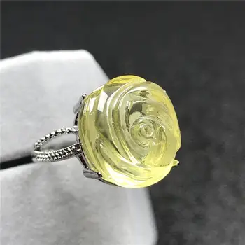 

15mm Natural Yellow Amber Ring Jewelry Women Lady Love Gift Silver Beads Flower Carved Gemstone Adjustable Finger Ring AAAAA
