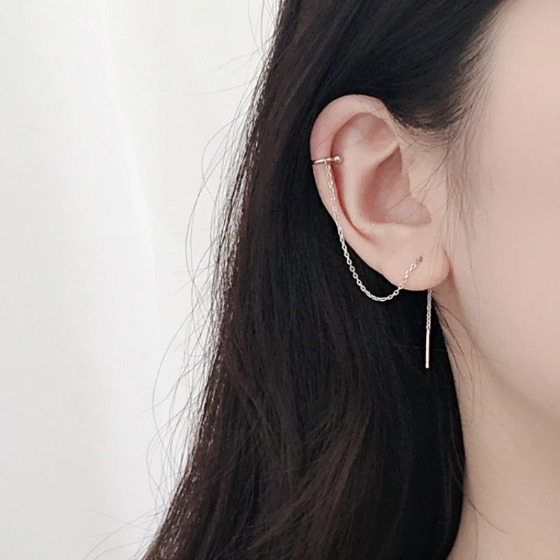 

Wholesale Silver Ball Ear Clip Long Tassel Earrings 925 Geometry Chain Drop Earrings For Women Simple Style Lady Fashion Jewelry