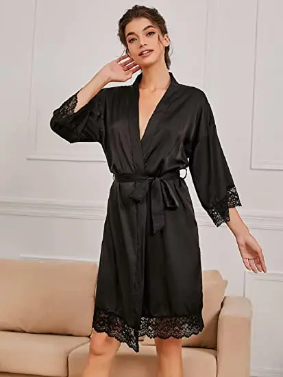 Women Ladies Sleepwear Lace Half Sleeve Nightgowns Imitation Ice Silk Sleepwear Women Night Dresses With Belt