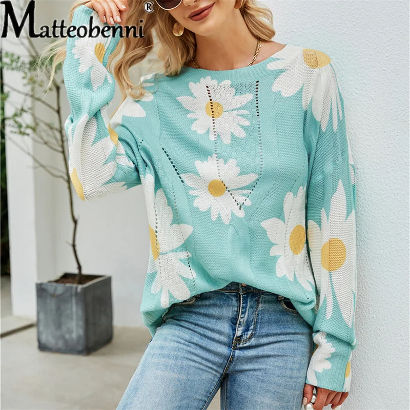 

2021 Autumn Winter New Casual Loose O Neck Long Sleeve Women Sweater Knitted Top Floral Print Hollow Out Ladies Sweater Pullover