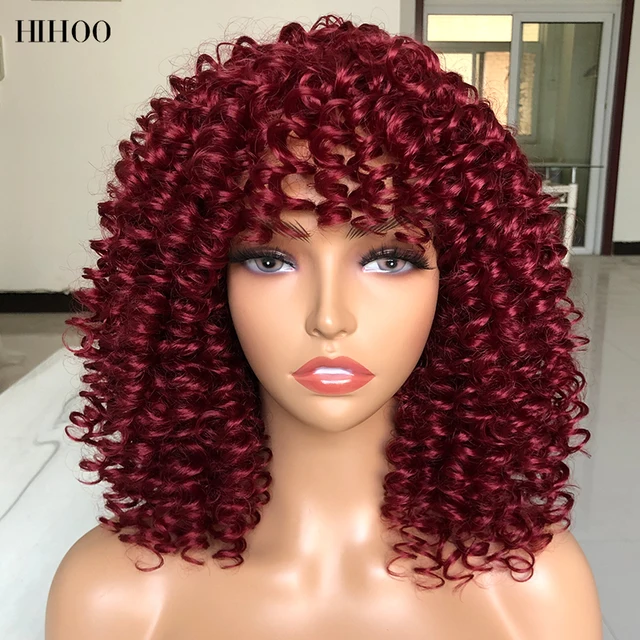Afro Kinky Curly Wig With Bangs Short Synthetic Wigs For Black Women Omber Brown Blonde Glueless Cosplay Hair High Temperature bug
