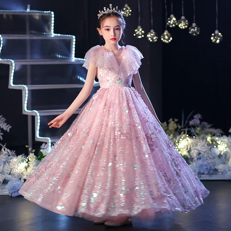 

Pink Kids Dresses For Party Wedding Dress Sequins Children Pageant Gown Opening Ceremony Princess Tulle long Dress Girl Clothing
