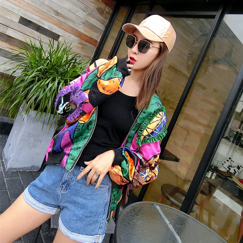 Модная брендовая короткая женская куртка с цветочным принтом, осень, новинка, Свободная Женская куртка в стиле хип-хоп, ретро, топы для женщин
