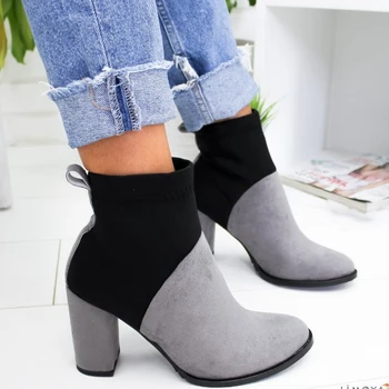 

Women Short Ankle Boots Shoes Woman Mixed Color Slip-On Boots Autumn Chunky Heel Boots Botas Mujer Bota Feminina