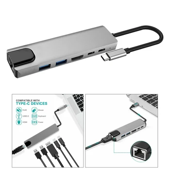 

USB C Hub Multiport Adapter, 6 in 1 Portable Dongle with 4K HDMI Output,2 USB 3.0 Ports, Ethernet 2 USB-C PD charging port