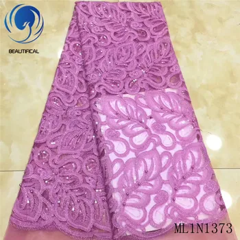 

Beautifical african lace fabrics Latest embroidery beads tulle lace fabric with sequins 5yards net lace nigerian fabric ML1N1373