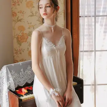 

Summer Ladies Sexy Sling Sleepwear Princess Style Casual Home Wear Lace V-neck Comfortable Mini Nightdress Ribbon Chest Pad