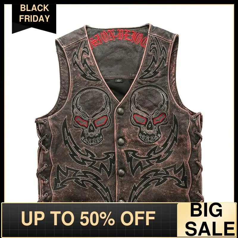 

2020 Vintage Brown Biker Style Skulls Embroidery Genuine Leather Vest Men Plus Size 5XL Real Cowhide Slim Fit Motorcycle Vest