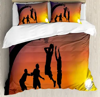 

Teen Room Decor Duvet Cover Set Boys Playing Basketball at Sunset Horizon Sky Dramatic Scene Bedding Set Dark Coral Black Yellow