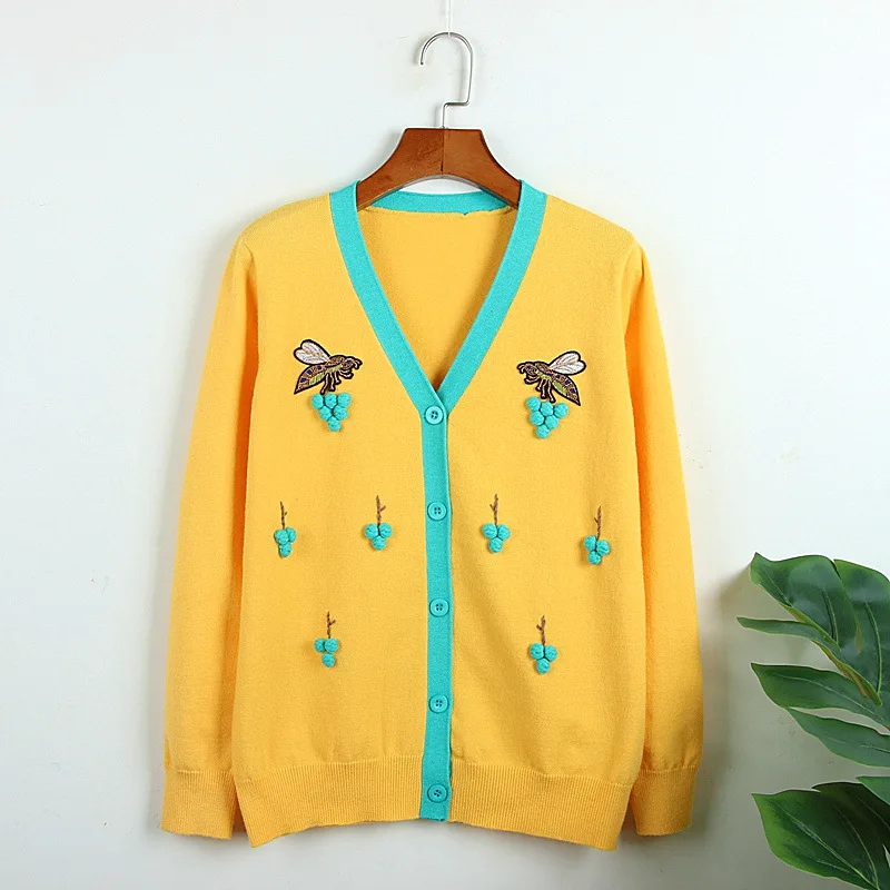 

Luxury Brand Designer Knitted Sweater for Women Vintage V Neck Bee Bulb Appliques Contrast Long Sleeve Knitted Sweater Cardigan