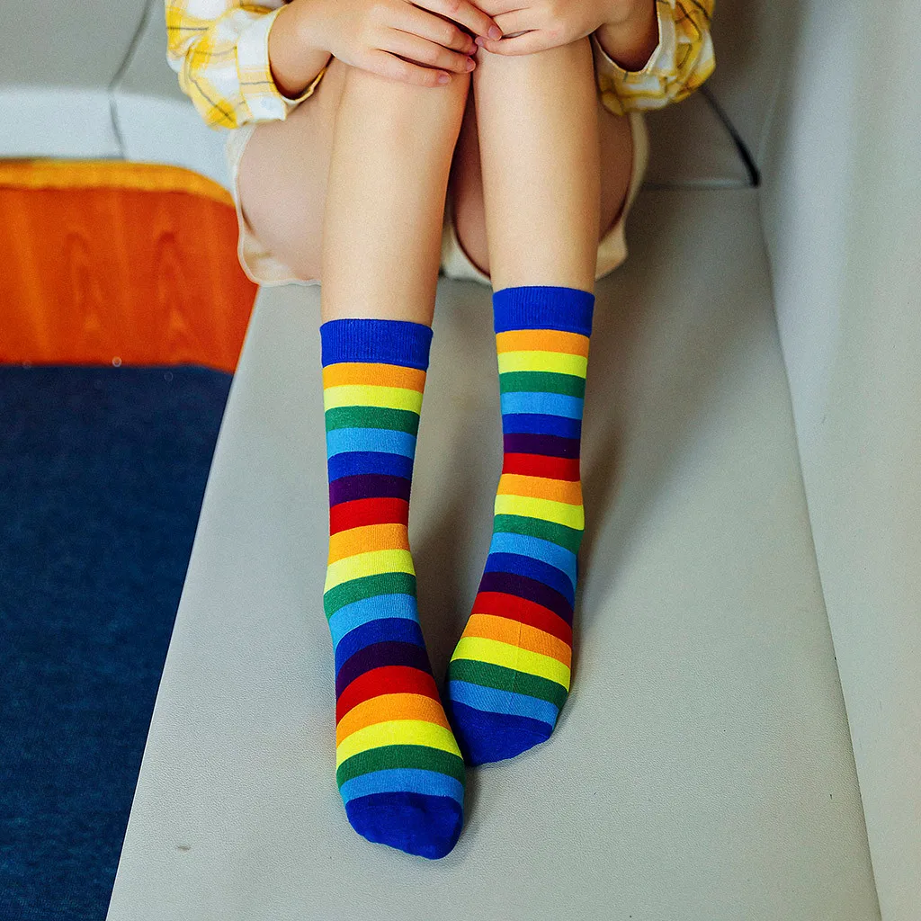 Для женщин девочек Повседневное носки для девочек в радужную полоску; сапоги-трубы; зимняя теплая Мягкий хлопок носки, подарок на Рождество для малышей medias de mujer FN65