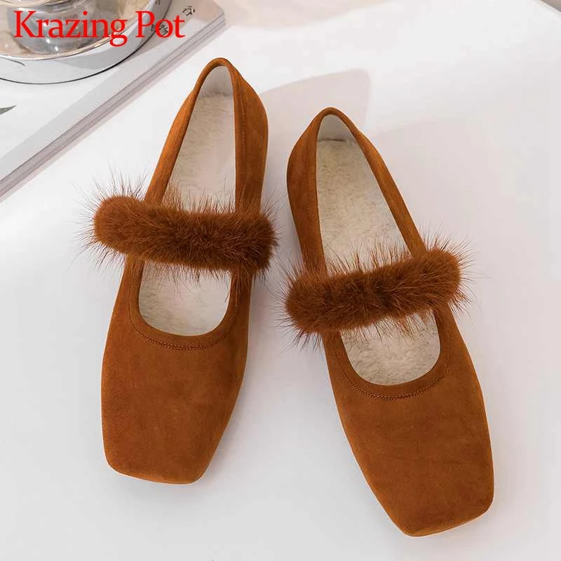 

Krazing Pot hot solid sheep suede popular square toe plush buckle leisure flat shoes sweet dating autumn women driving shoe L9f7
