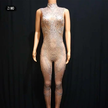

Woman Sexy Stage Big Glass sparkly rhinestone Crystal Nightclub jumpsuit nude Party Singer Stage Wear Performance Dance Costume