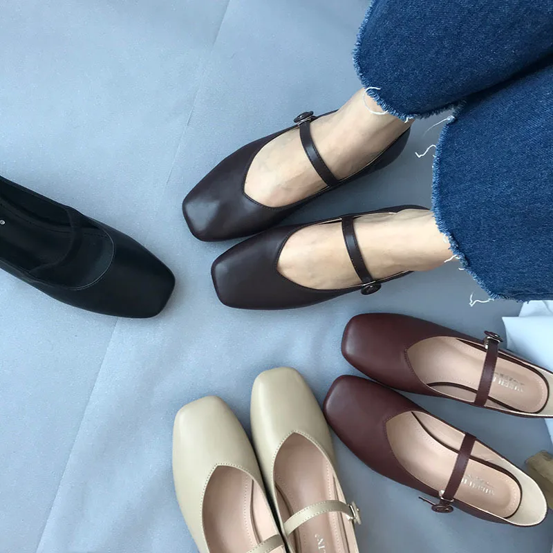 

2019 Spring CHIC Wind Korean-style Square Head Low-Cut Nude Vintage Chunky-Heel Grandma Shoes Soft Leather Low Heel Shoes Women'