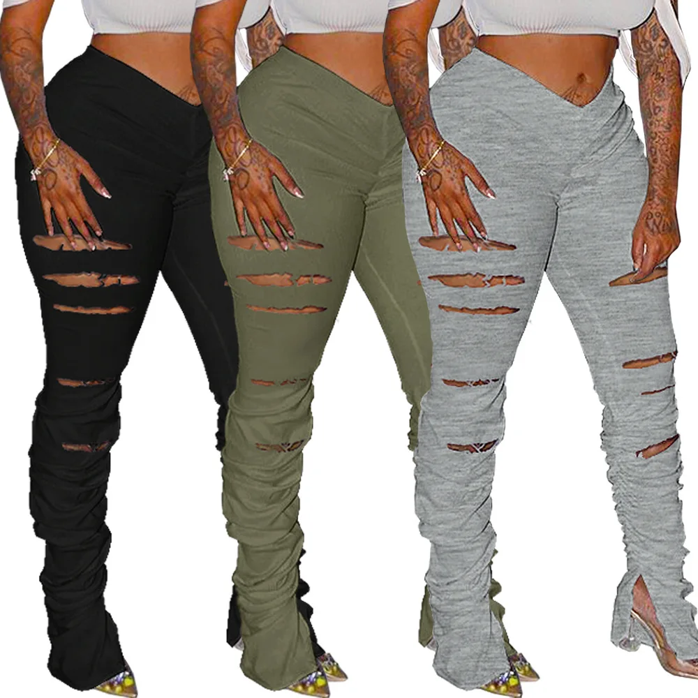 

Distressed Women Flare Pants Joggers High Waist Pleated Trousers Stacked Sweatpants New Fitness Ruched Pants Hole Sport Leggings