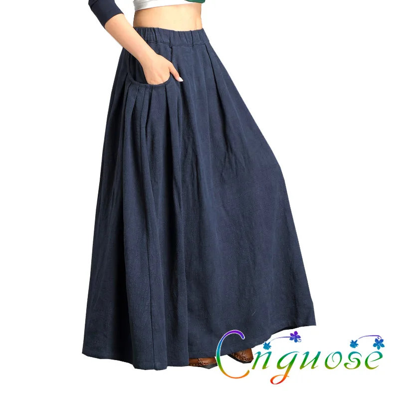 2019 Hoge Kwaliteit Ontwerp Marineblauw Zwarte Dikke Linnen Herfst Winter Plus Size Vintage Casual Geplooide Vrouwelijke Maxi Womens Rok