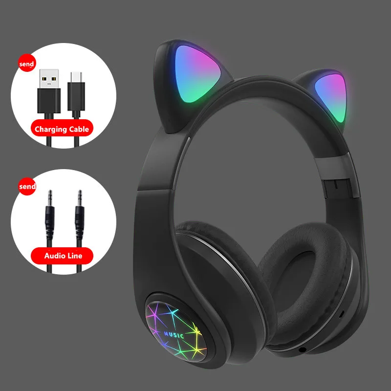 Cute Cat Bluetooth Wireless Headphone With Microphone Flashing light Noise Cancel Earphone Music Helmet Girl Kid Gift