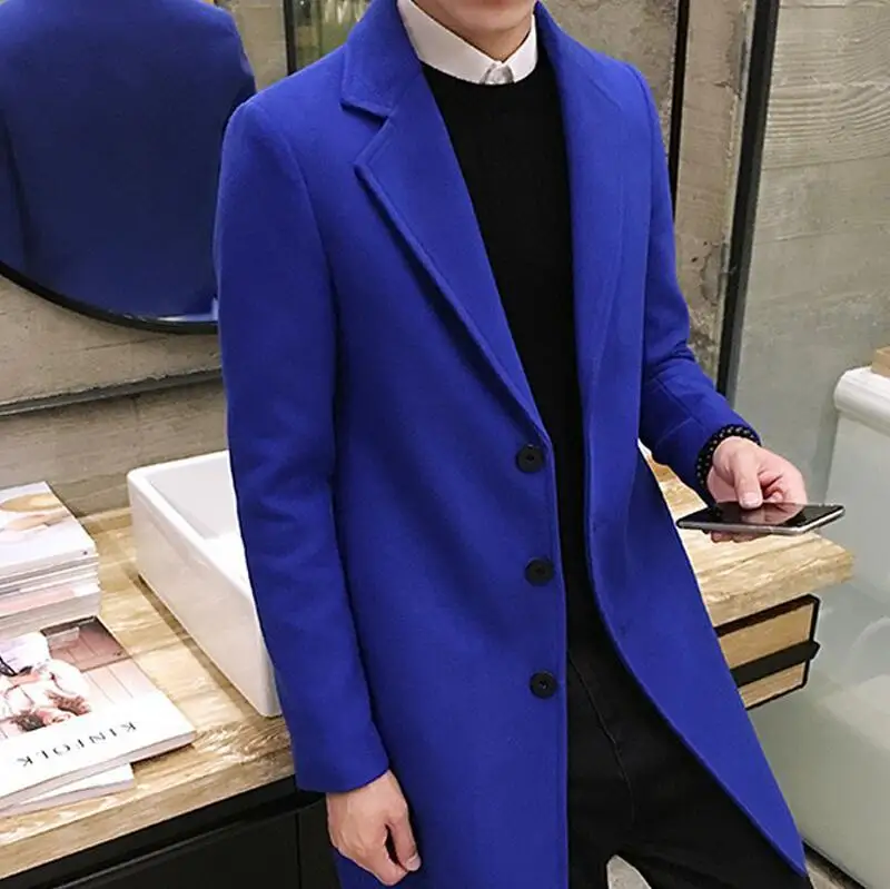 Новинка, модный бутик, чистый цвет, Высококачественная Мужская шерстяная ткань, повседневный деловой Тренч, Мужской плащ, для отдыха, смешанные, пылезащитные пальто, куртки - Цвет: Royal Blue