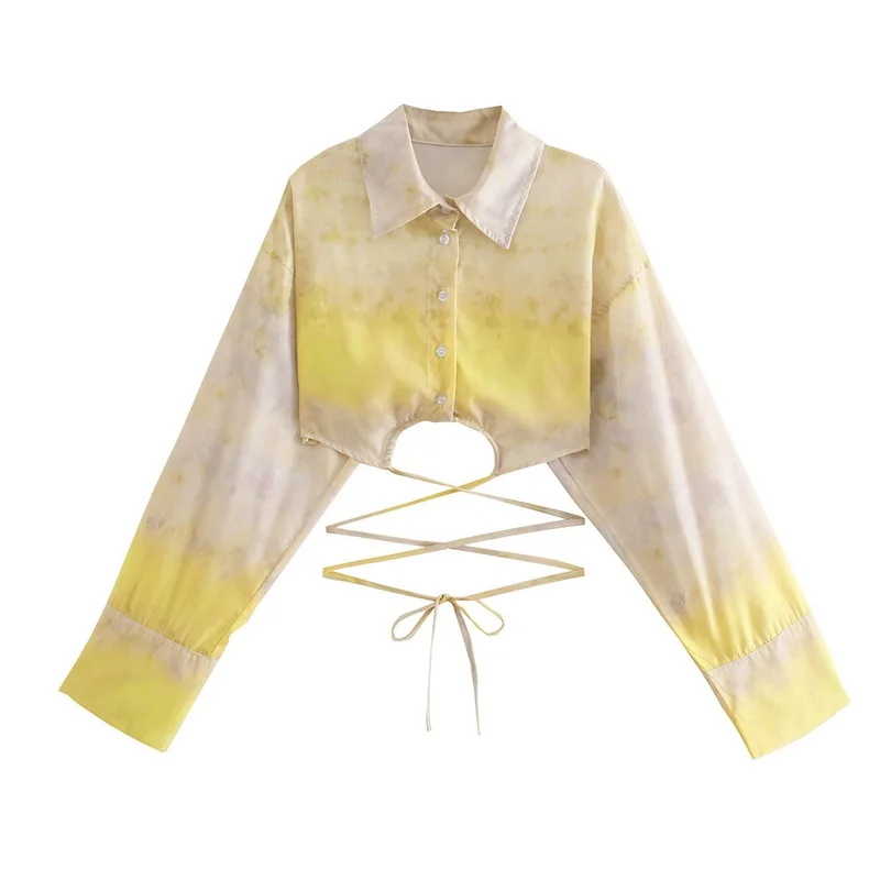 

TRAF Women 2021 Fashion Lapel Print Tie-Dye EffectBlouse Hem Lacing-Up Sweet Long-Sleeved Short Shirt Streetwear
