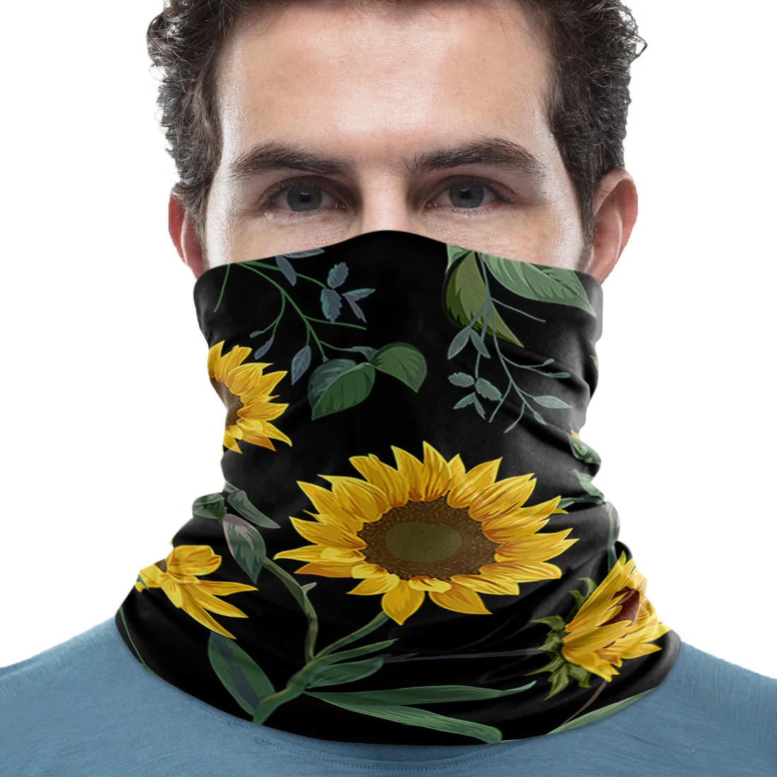 Sunflower Pattern On Black Background Neck Gaiter Magic Scarf Mens Ladies Rectangular Hijab Custom | Аксессуары для одежды