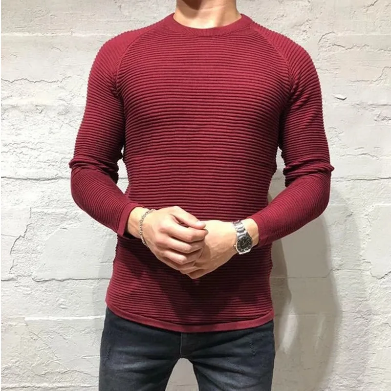 Волнистый свитер Повседневное Slim fit пуловер осень вязаный, с круглым вырезом в полоску, со вставками, на зиму, теплые классический свитер