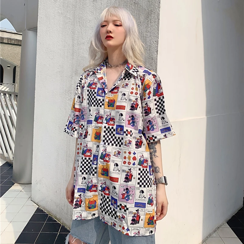 Lychee Harajuku короткий рукав цвет блок Свободная Женская блузка летняя женская блузка мультфильм плед персонаж печати леди рубашка