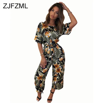 

Floral Sexy Wide Leg Jumpsuit for Women Round Neck Belted Elegant Ladies Jumpsuits Causal Short Sleeve Loose Plus Size Rompers