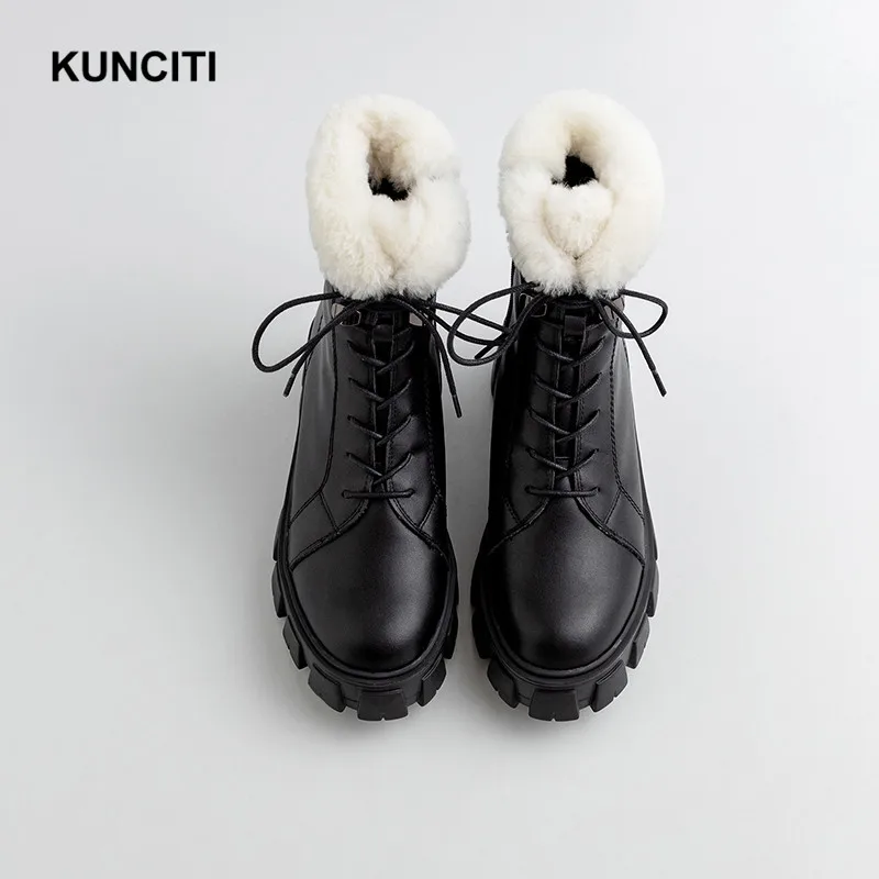 KUNCITI/женские зимние Ботинки martin; зимние ботинки из натуральной кожи; черная обувь на платформе; Зимние ботильоны; Новая модная женская обувь; D9298