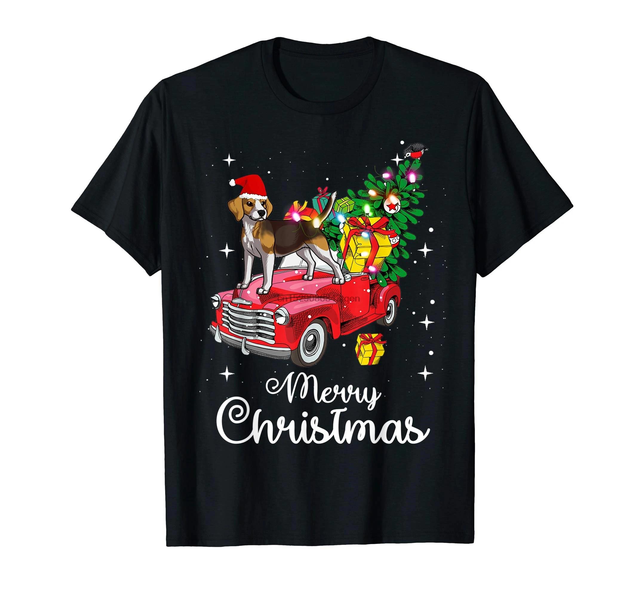 Beagle Rides Red Truck Christmas Pajama T-Shirt-Men's T-Shirt-Black(4) |