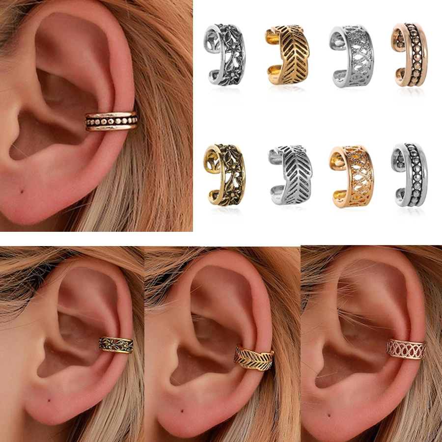 

Retro Hollow U-shaped Ear Bones Cuff Wrap Clips without Piercing Simple Punk Earrings Leaf Flower pattern ear clips For Women