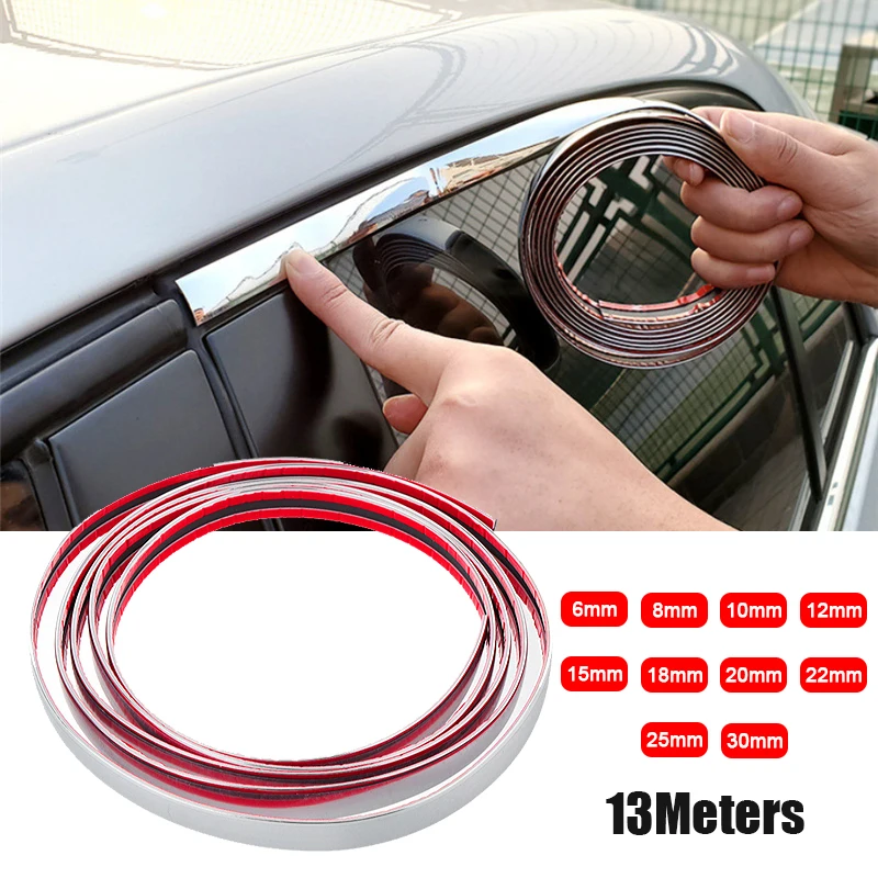 Silver Car Chrome Styling Decoration 13M Moulding Trim Strip Tape Auto DIY Protective Sticker 6mm 8mm 10mm 12mm 15mm 20mm 30mm