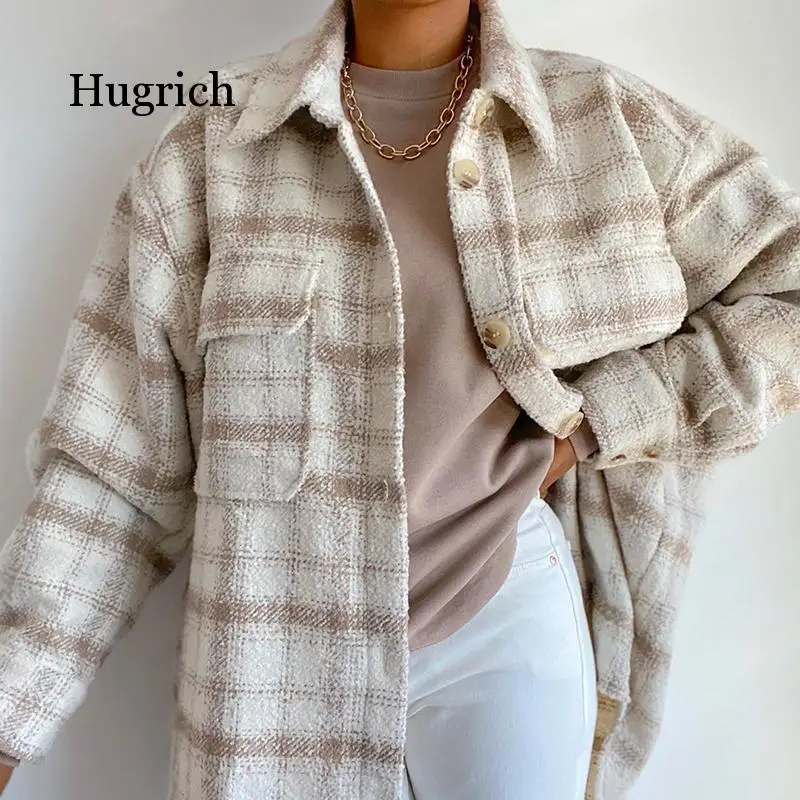 Women Autumn Winter Fashion Plaid Khaki Thick Coats Overshirt Female Stylish Pockets Plaid Long Jackets Overisze Outwear autumn fashion plaid jacket women cotton long sleeve button shirt overshirt pocket loose oversized coat winter female outwear