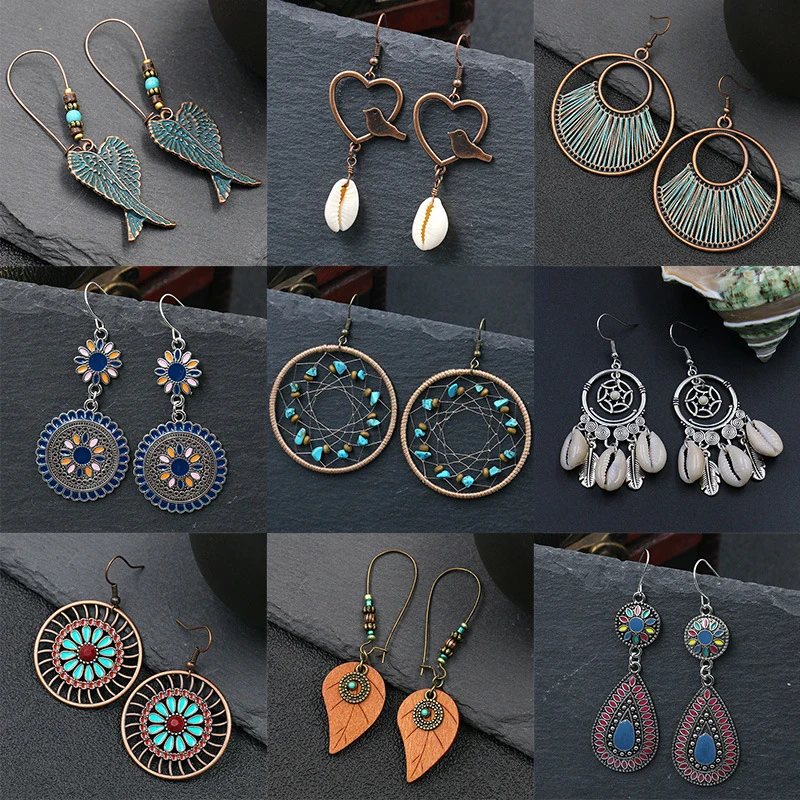 

Vintage 9 Pcs/Set Tibetan Blue Bohemian Long Earrings 2019 Fashion Boho Big Drop Earrings For Women Jewelry Brincos Wholesale
