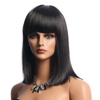 

GRES Women Synthetic Hair Wig with Bangs Black Color Wigs for Afro High Temperature Fiber Medium Length Femme Hairpieces