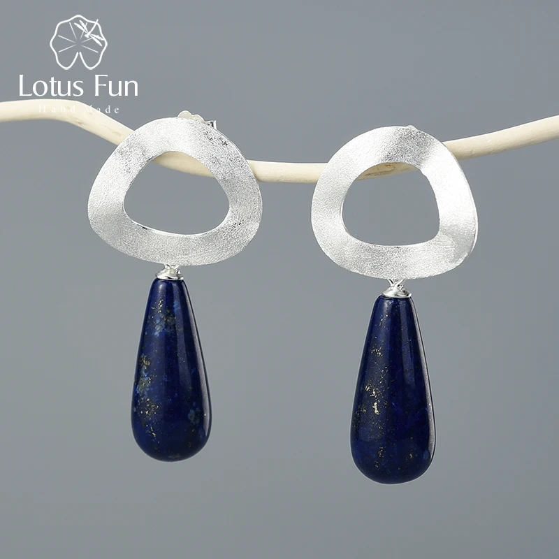 Lotus Fun, натуральный драгоценный камень, минималистичный стиль, неровная геометрическая форма, висячие серьги, настоящее 925 пробы, серебро, ручной работы, хорошее ювелирное изделие - Цвет камня: Silver - Lapis