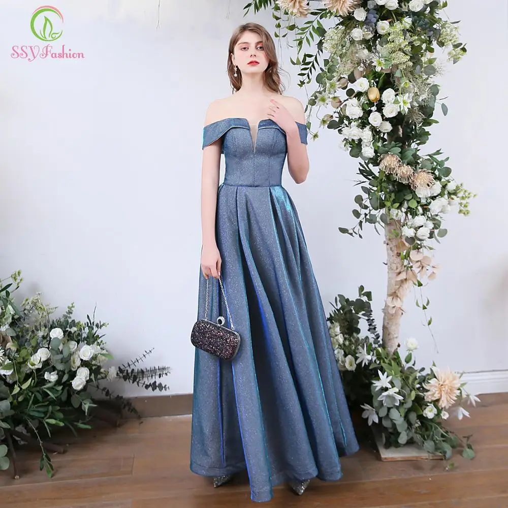 SSYFashion, новинка, простое вечернее платье, вырез лодочкой, блестки, сверкающие, градиентные, синие, элегантные, длинные, вечерние, вечерние платья, Vestido De Noche
