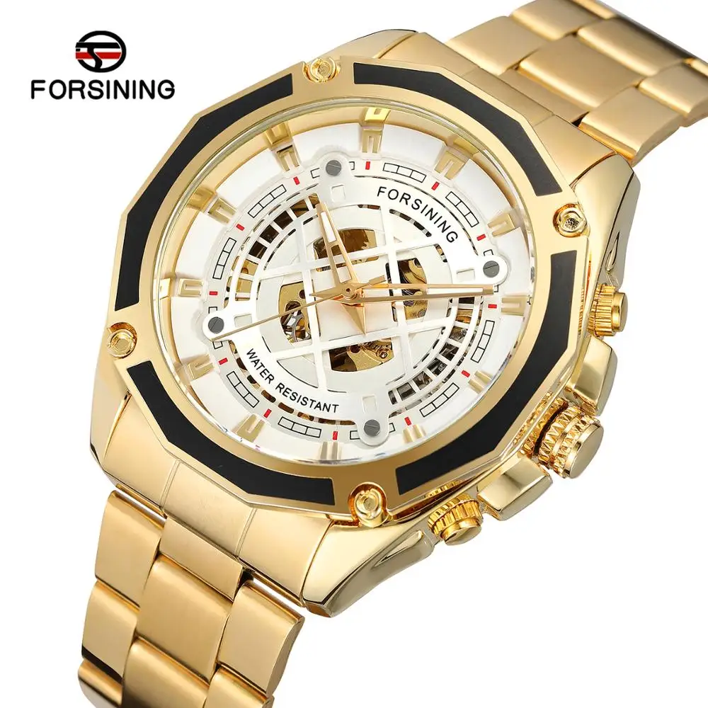 

Forsining 2019 Brand Steampunk Gear Design Transparent Case Automatic Luxury Watch Gold Stainless Steel Skeleton Luxury Men Gift