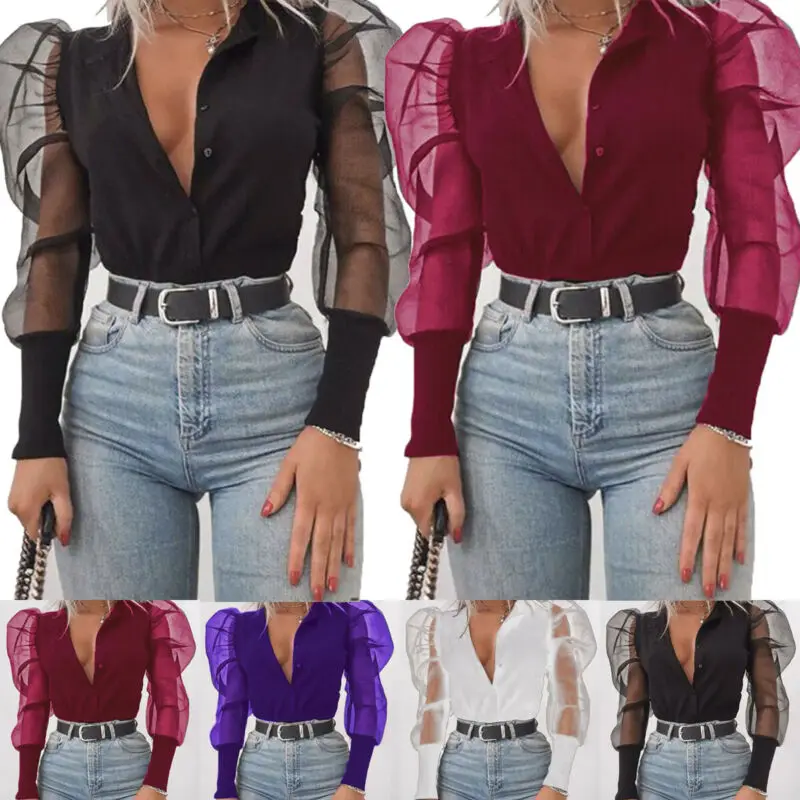 Женская модная блузка, S-2XL, большой размер, кружевная сетка, прозрачные, с длинным рукавом, с буфами, топы, рубашки, Женская Сексуальная Блузка, женские блузы