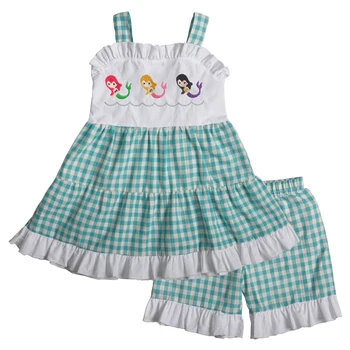 

CONICE NINI Summer Kids Boutique Cotton Clothing Embroidery Mermaid Girls Outfits Woven Plaid Suit
