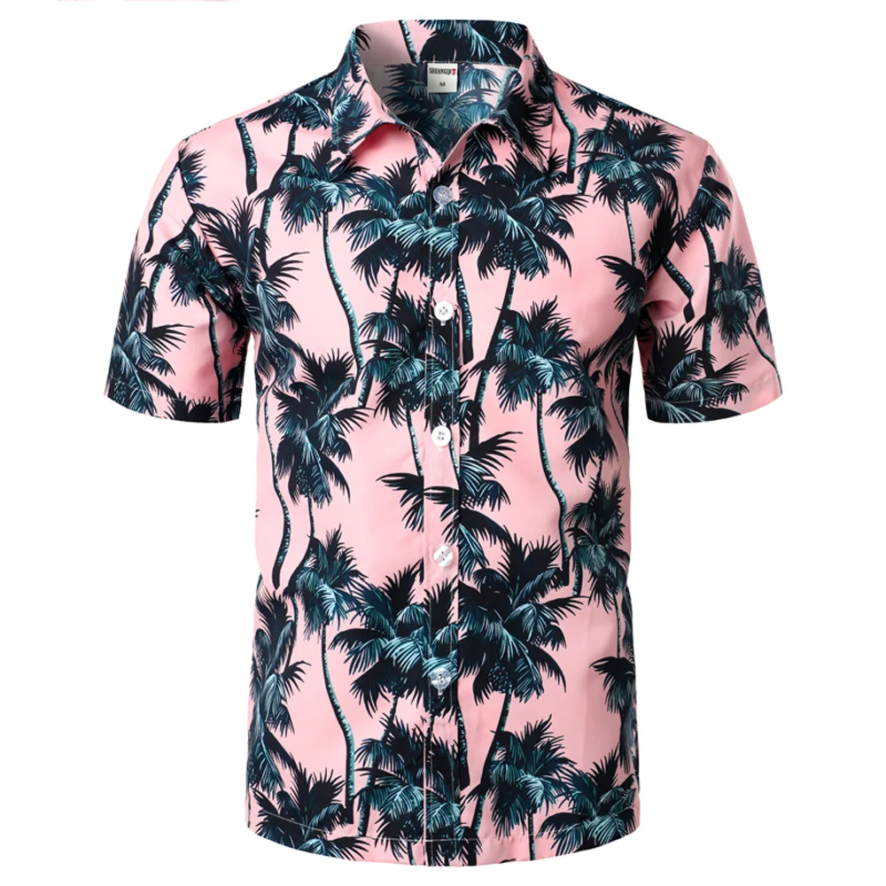 Camisa de manga corta tipo hawaiana hombre, camiseta de playa rosa con estampado de palmera tropical, tipo aloha para fiesta, de verano 2019| Camisas AliExpress