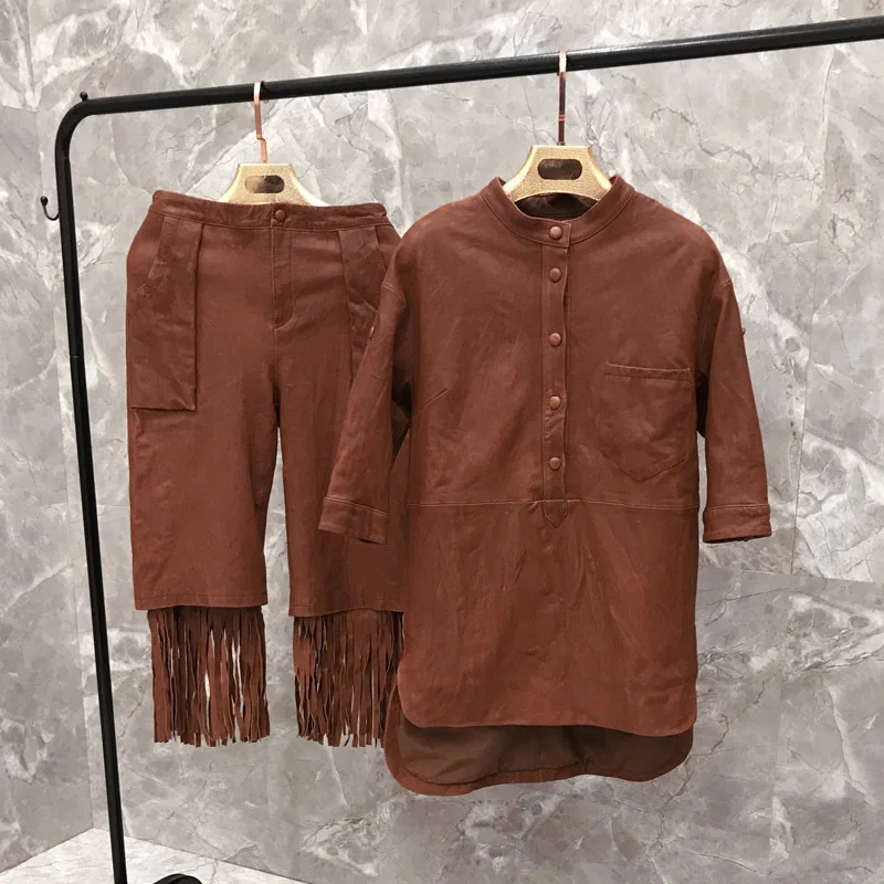 2020 Vrouwen Herfst Mode Schapenvacht Pak Stand Kraag Korte Mouwen Shirt Echt Leer Breed Been Broek