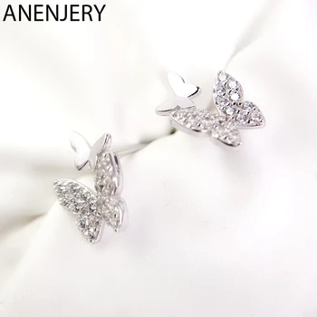 

ANENJERY Prevent Allergy Silver Color Zircon Butterfly Earrings For Women Girl Gift pendientes oorbellen S-E931