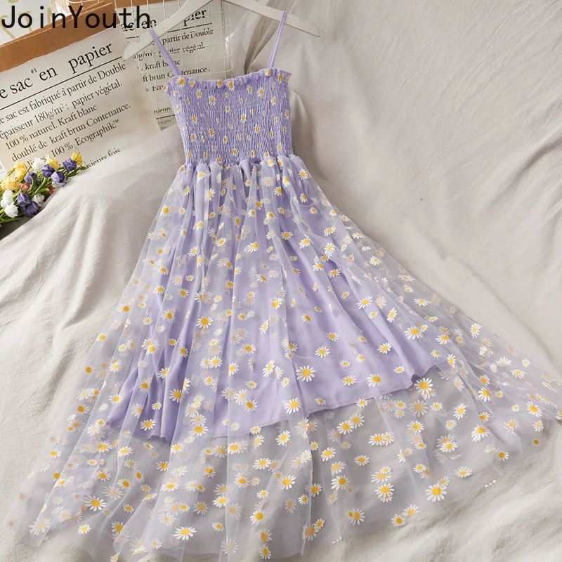 Joinyouth-Vestido largo de margaritas con tirantes de malla para mujer, vestido largo Vintage coreano con hombros descubiertos 2021