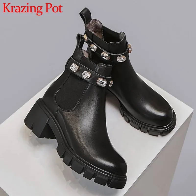 Krazing Pot/Модный Блестящий Кристалл с пряжкой; натуральная кожа; круглый носок; Высокий каблук; красивые женские зимние однотонные Теплые ботильоны; L18f1