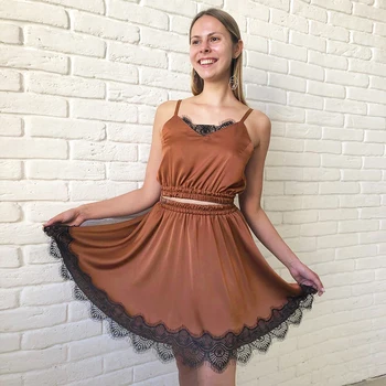 

HiLoc Brown Satin Silk Pajamas Set Spaghetti Strap Pjs Women Sleepwear Lace Elastic High Waist A-Line Skirt Suit Sets Autumn New