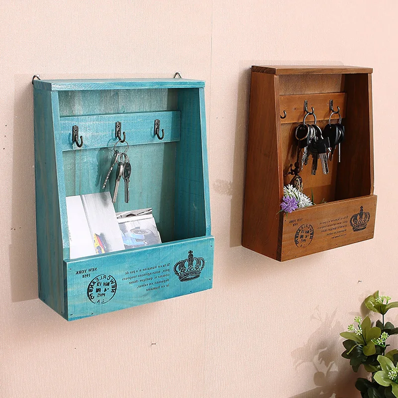 

Retro Wooden Storage Boxes Creative Living Room Bedroom Desk Wall Mounted Sundries Decoration Shelves Door Keys Hanging Hooks