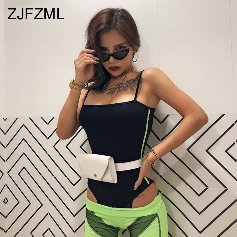 

Neon Striped Sexy Bandage Bodysuit Women Backless Spaghetti Strap Bodycon Short Jumpsuit Streetwear One Piece Black Overalls