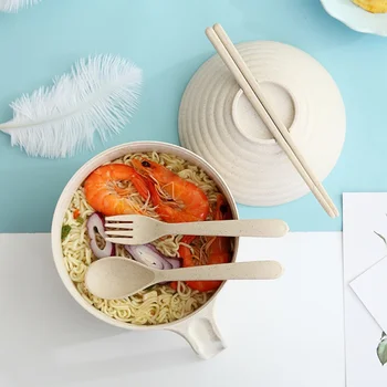 

5pcs / set Student Dormitory Instant Noodle Bowl with Lid Nordic Style Household Tableware Set Wheat Straw Lunch Box Bento Box