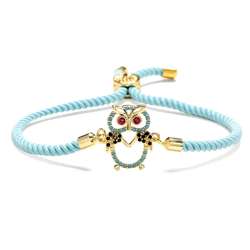NEWBUY Trendy Blue Color Rope Life Tree Bracelet Cubic Zirconia Inlay Gold Color Owl Charm Bracelets For Women Girl Dropship