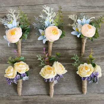 

Wedding Party Favors Wrist Corsage Boutonniere Artificial Champagne Rose Flower Brooch Bouquet Groom Bride Bridesmaid Wristband